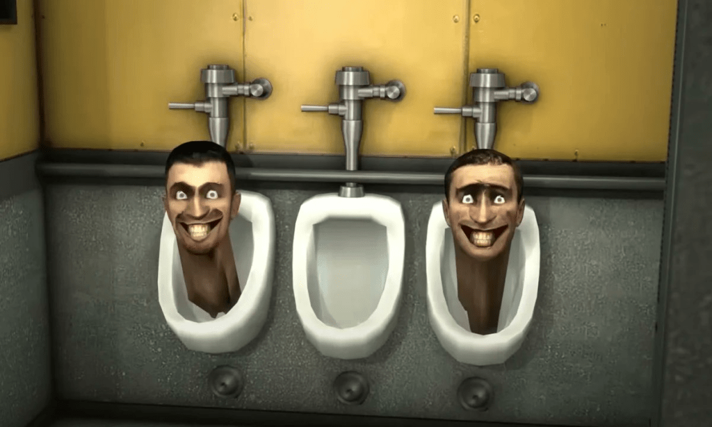 Heads emerging from a urinal in Skibidi Toilet, image from ShiinaBR's Twitter announcement of new Fortnite skins