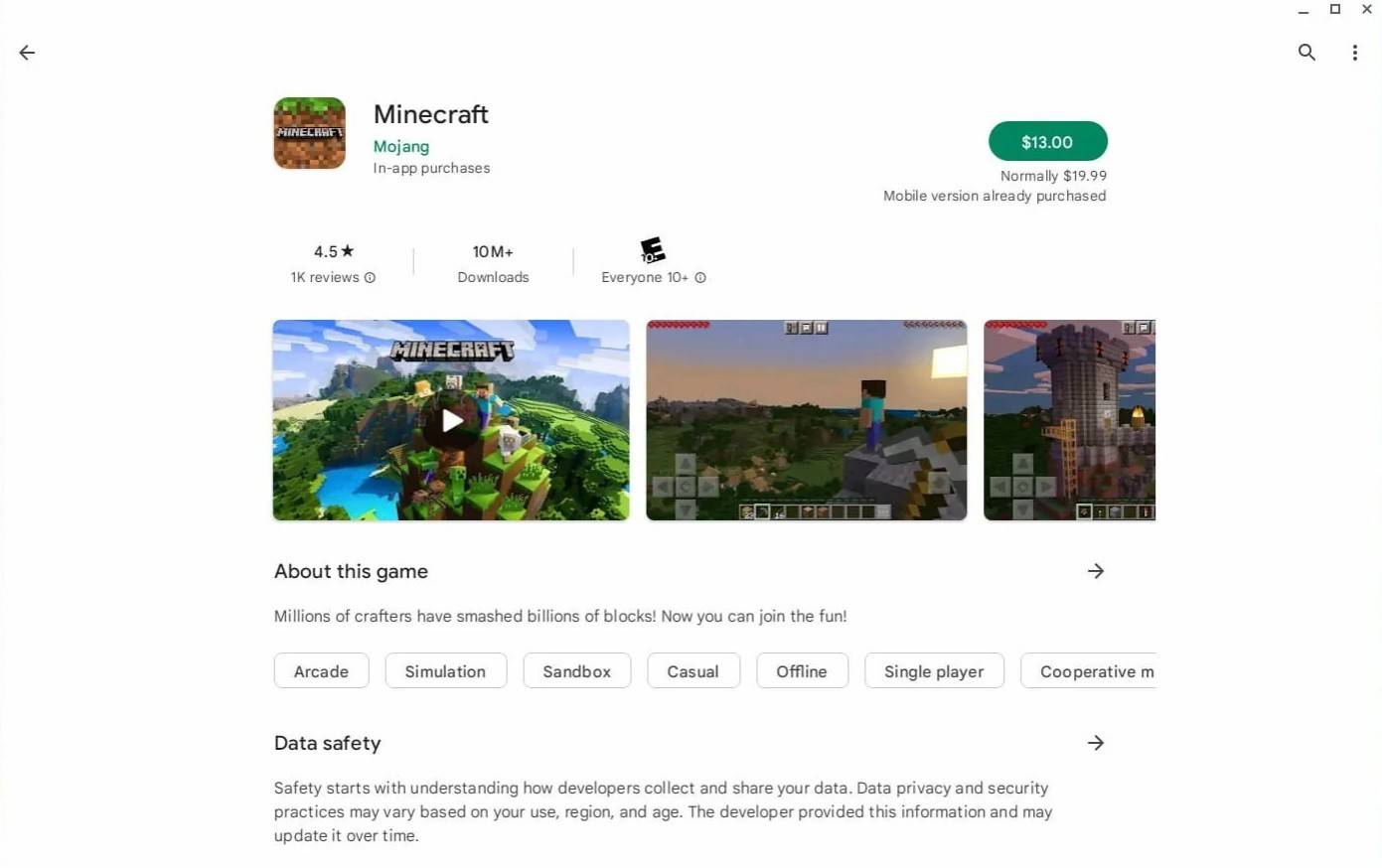 在Chromebook上執行的Minecraft