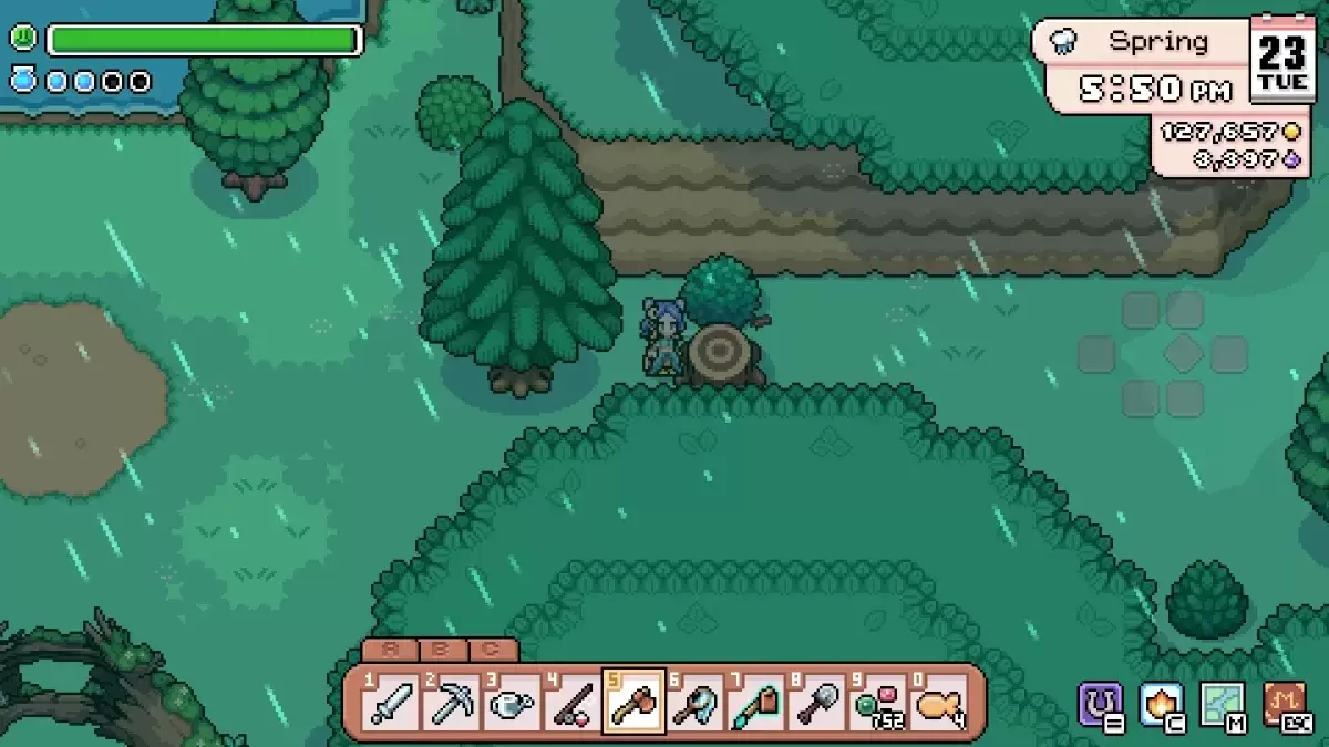 Player chops down a stump in the Deep Woods in Fields of Mistria