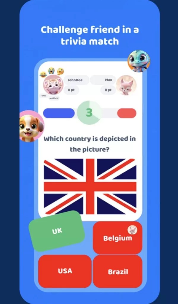 Ein Screenshot eines Quizspiels mit mehreren Antworten, um zu bestimmen, für welches Land die Union Jack Flag ist.